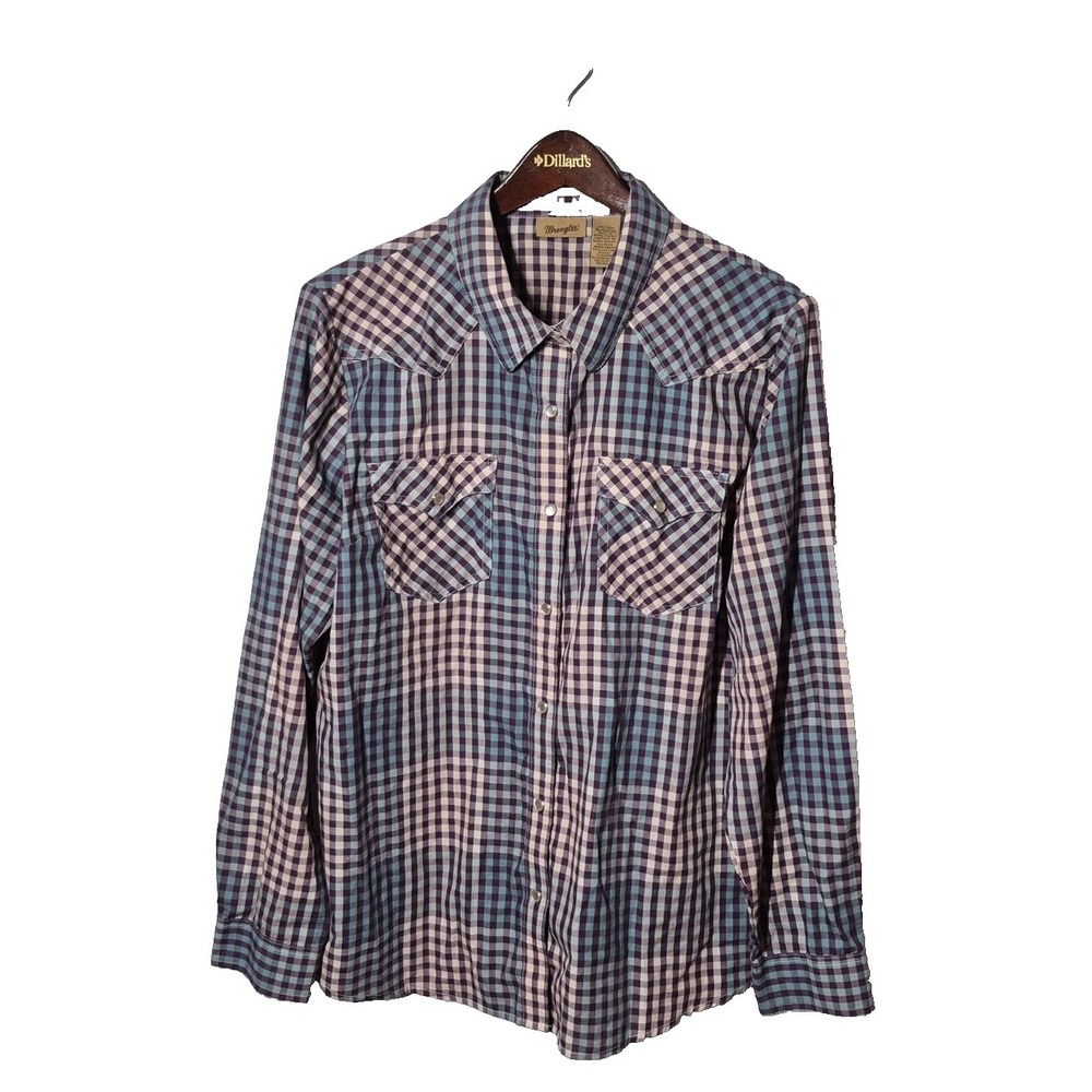 Wrangler Shirt Women XL Purple Blue Gingham Plaid Western Pearl Snap Long Sleeve
